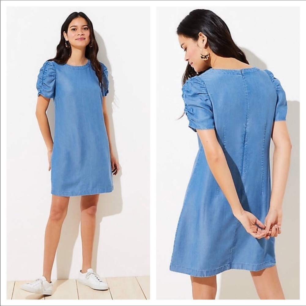 Loft Petite Chambray Ruched Chambray Shift Dress size 2 new